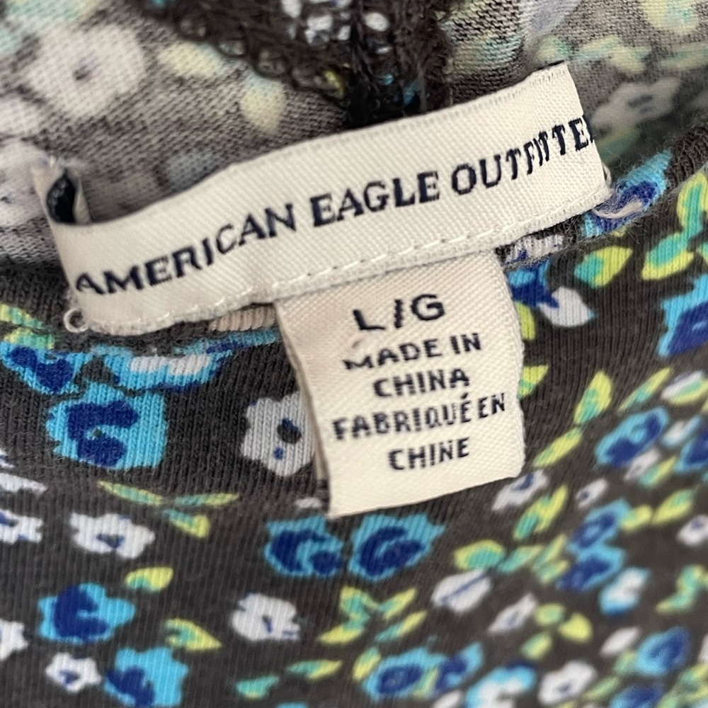 American Eagle Gray Mini Dress Blue Green Floral Print Cut Out Back Size Large - Picture 6 of 10